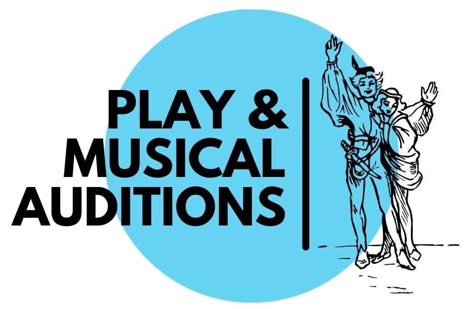 Play and Musical Auditions text with actors on a blue circle