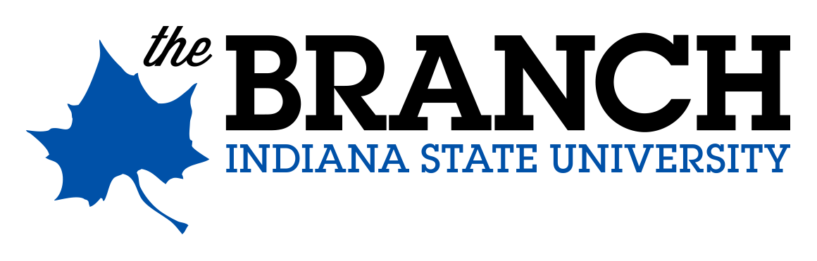 The Branch at Indiana State University text logo with blue leaf