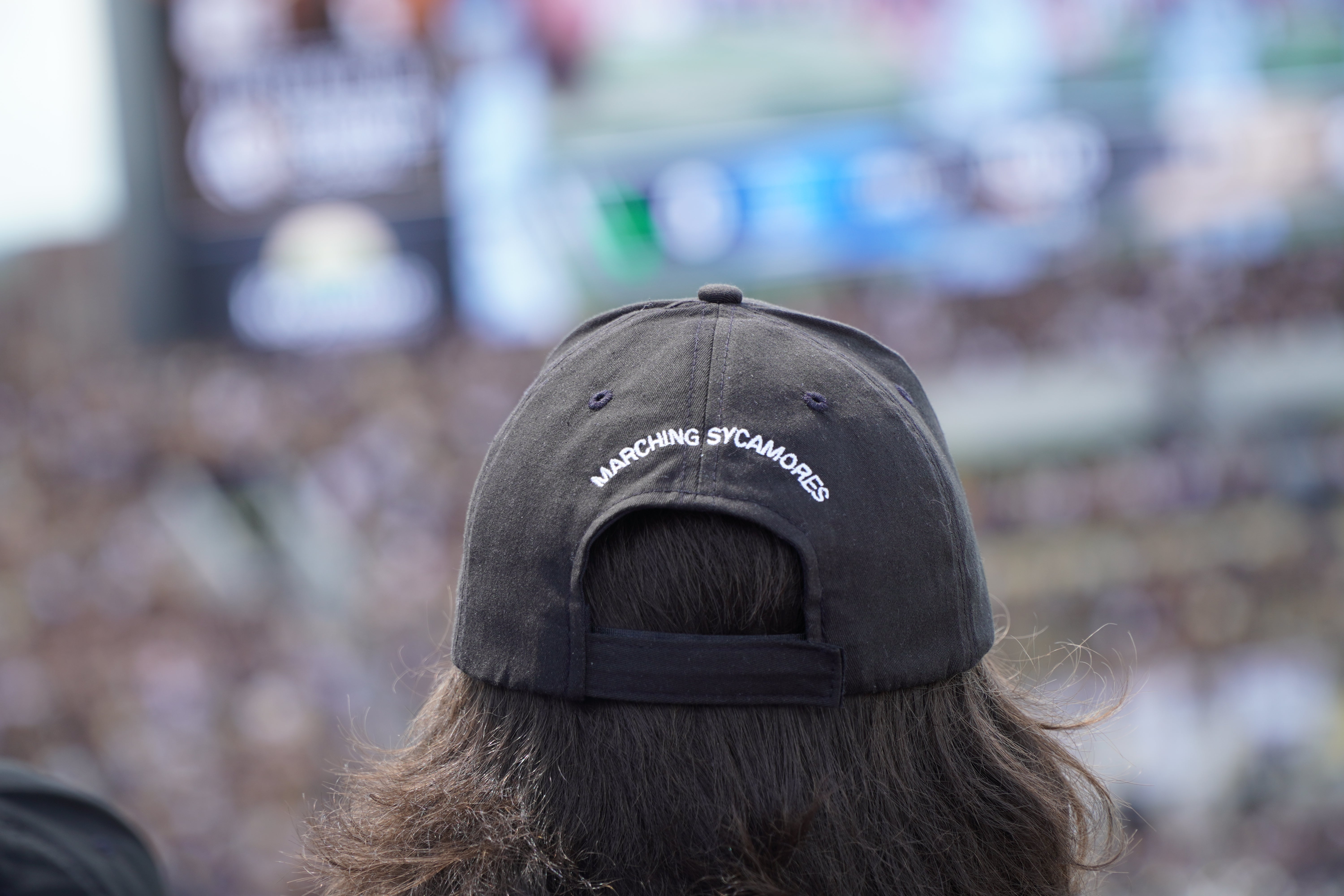 Dark gray baseball cap with "MARCHING SYCAMORES" text on the back, worn by a person at a sporting event.