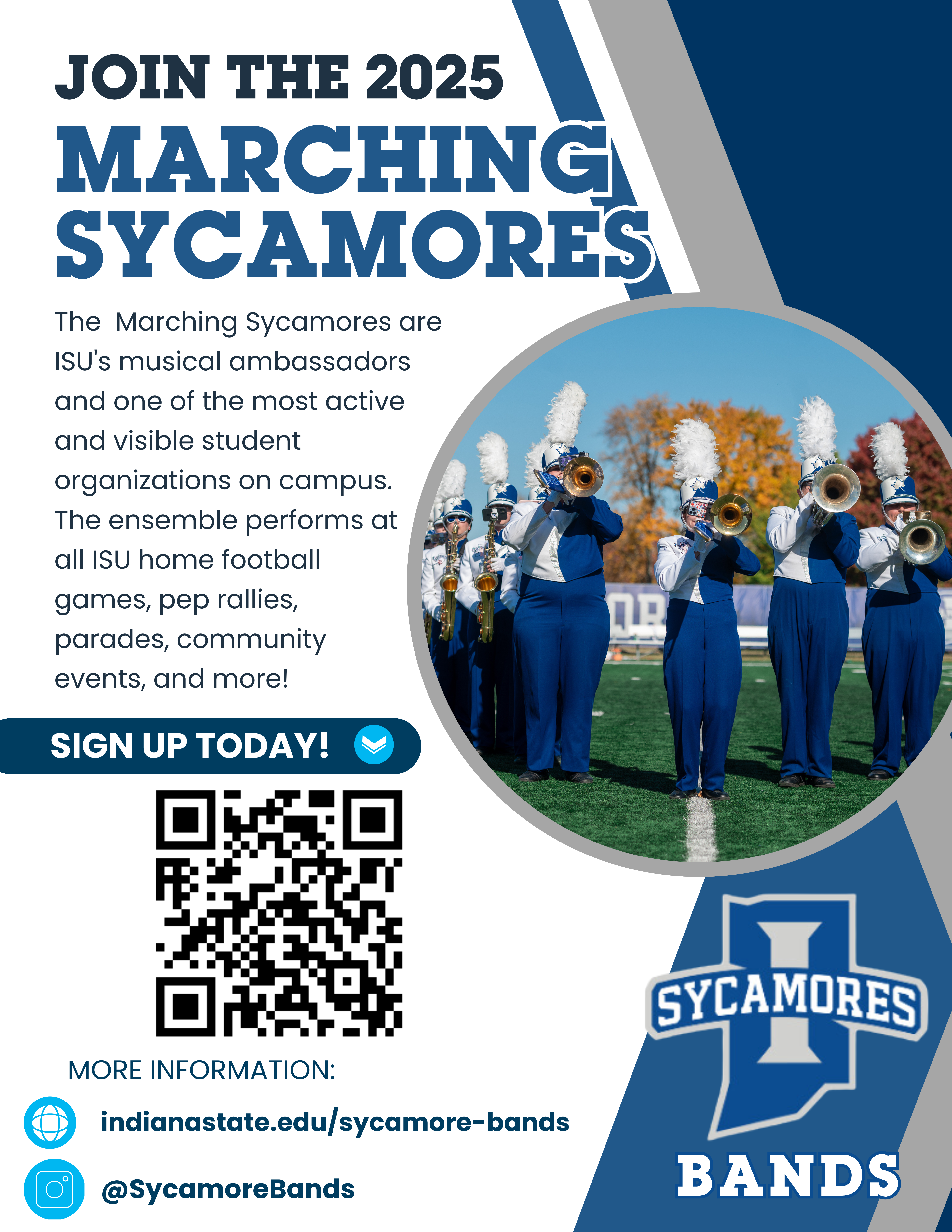 Flyer asking people to join the Indiana State University Marching Sycamores for 2025