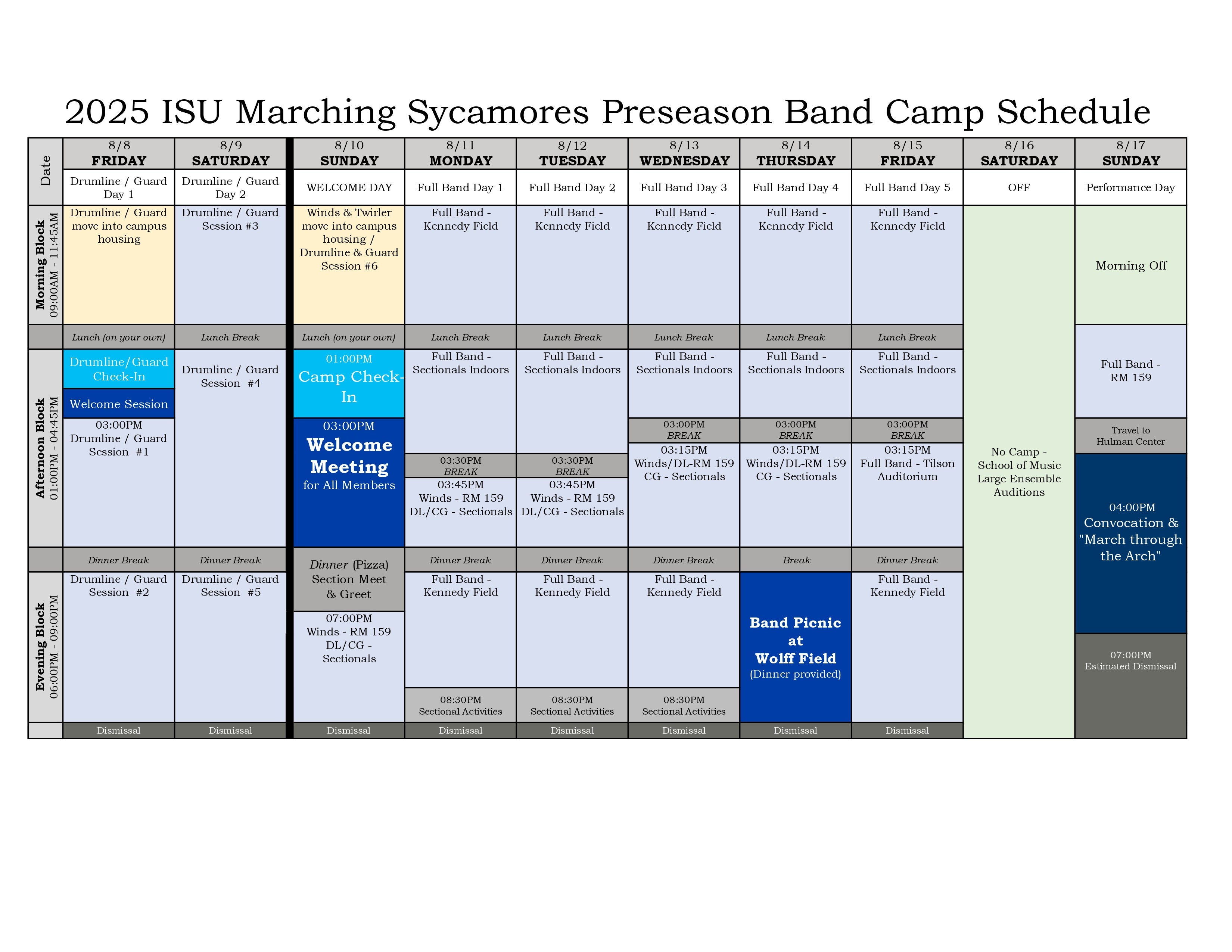 Indiana State University Marching Sycamore Preseason Camp Schedule