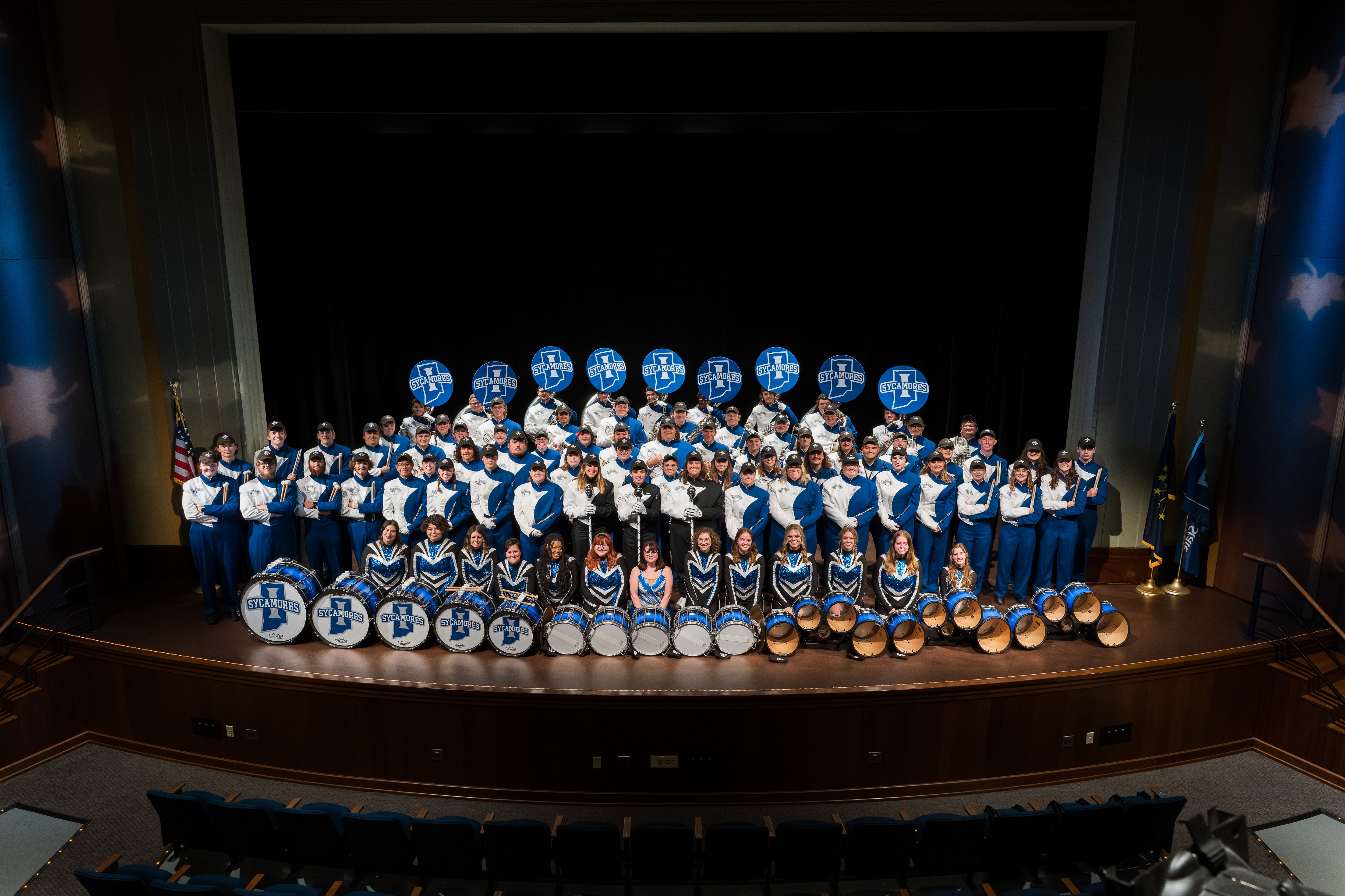 Yje Indiana State University Marching Band group photo. 