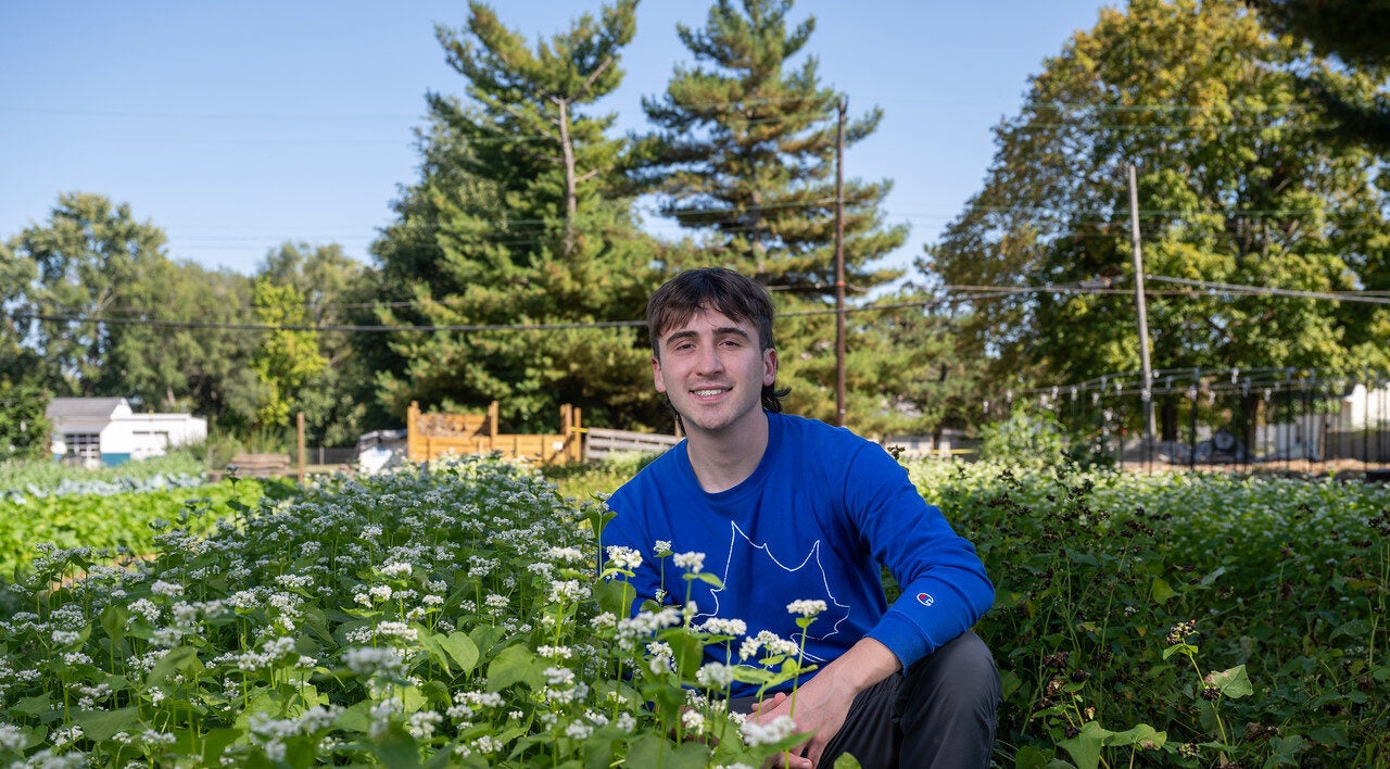 A white male student with short brown hair kneels in a garden with white flowers surrounding him. He wears a blue long-sleeved shirt with a white Sycamore leaf on the front. Other trees are visible in the background. 