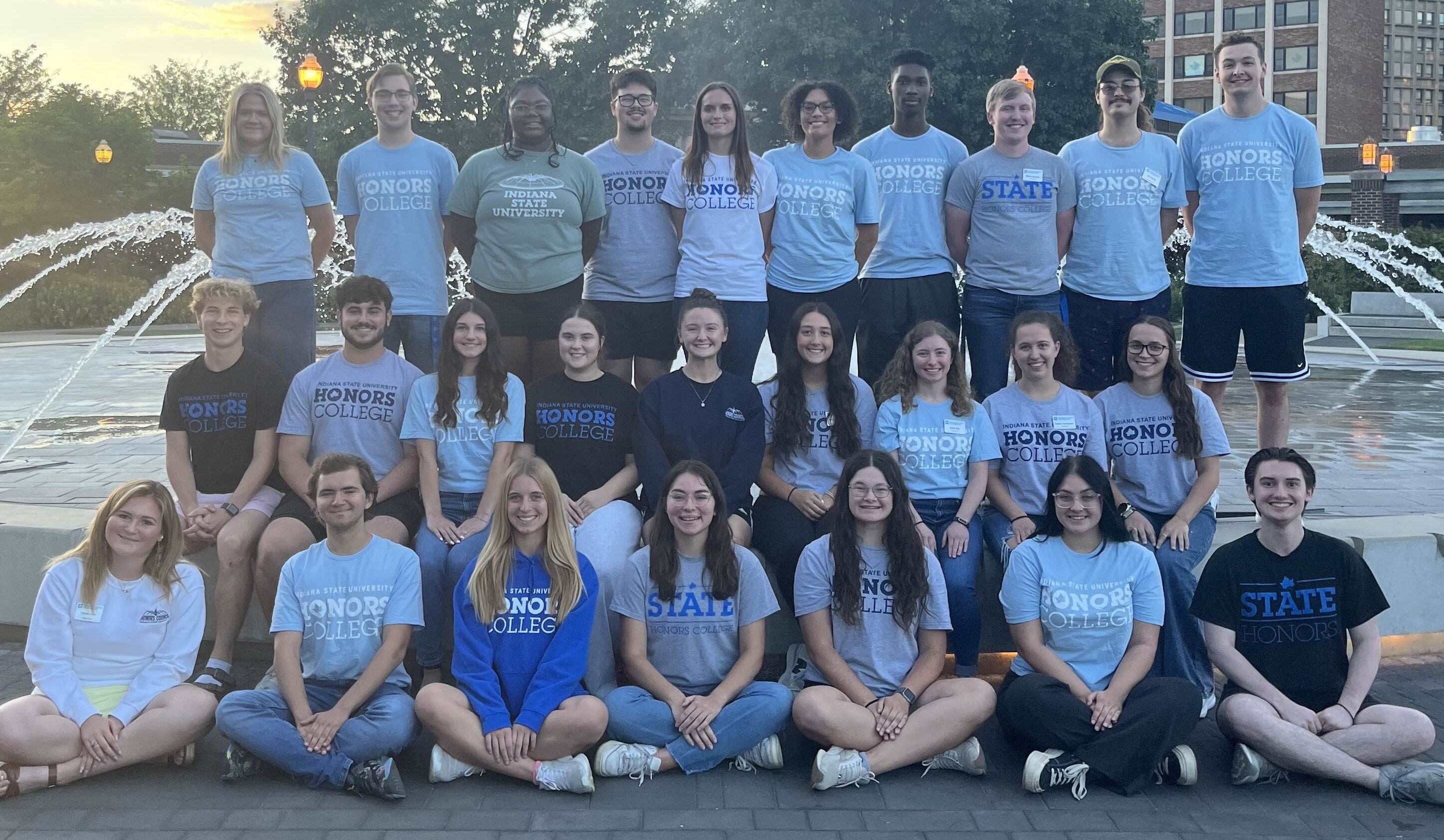 Group photo of 26 Honors Council members in front of the Indiana State University Fountain