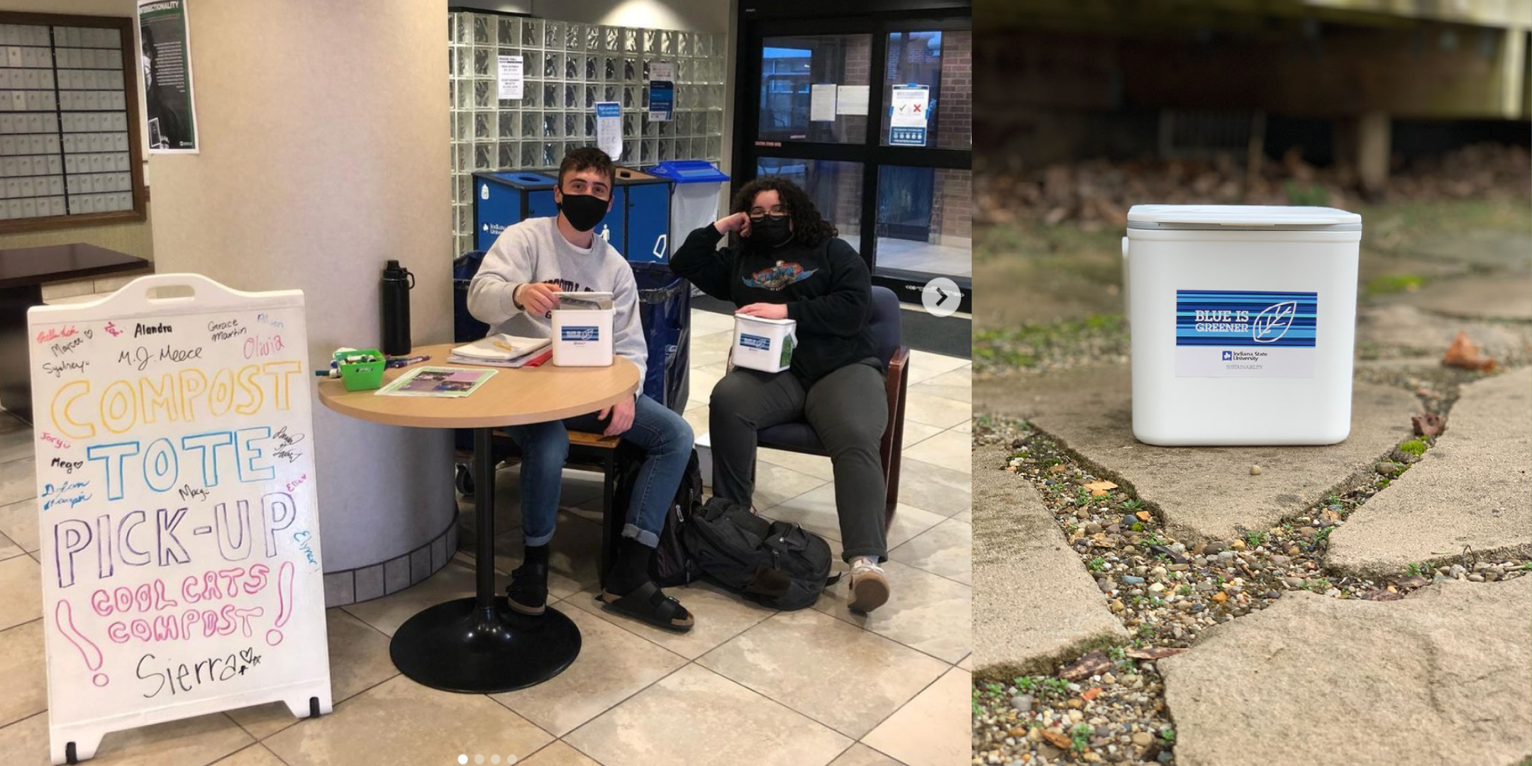 Image on the left is of two students sitting at a table holding individual composting totes and a side beside them that says compost tote pick up. The right image is of a compost tote on the ground with a sticker that says blue is greener