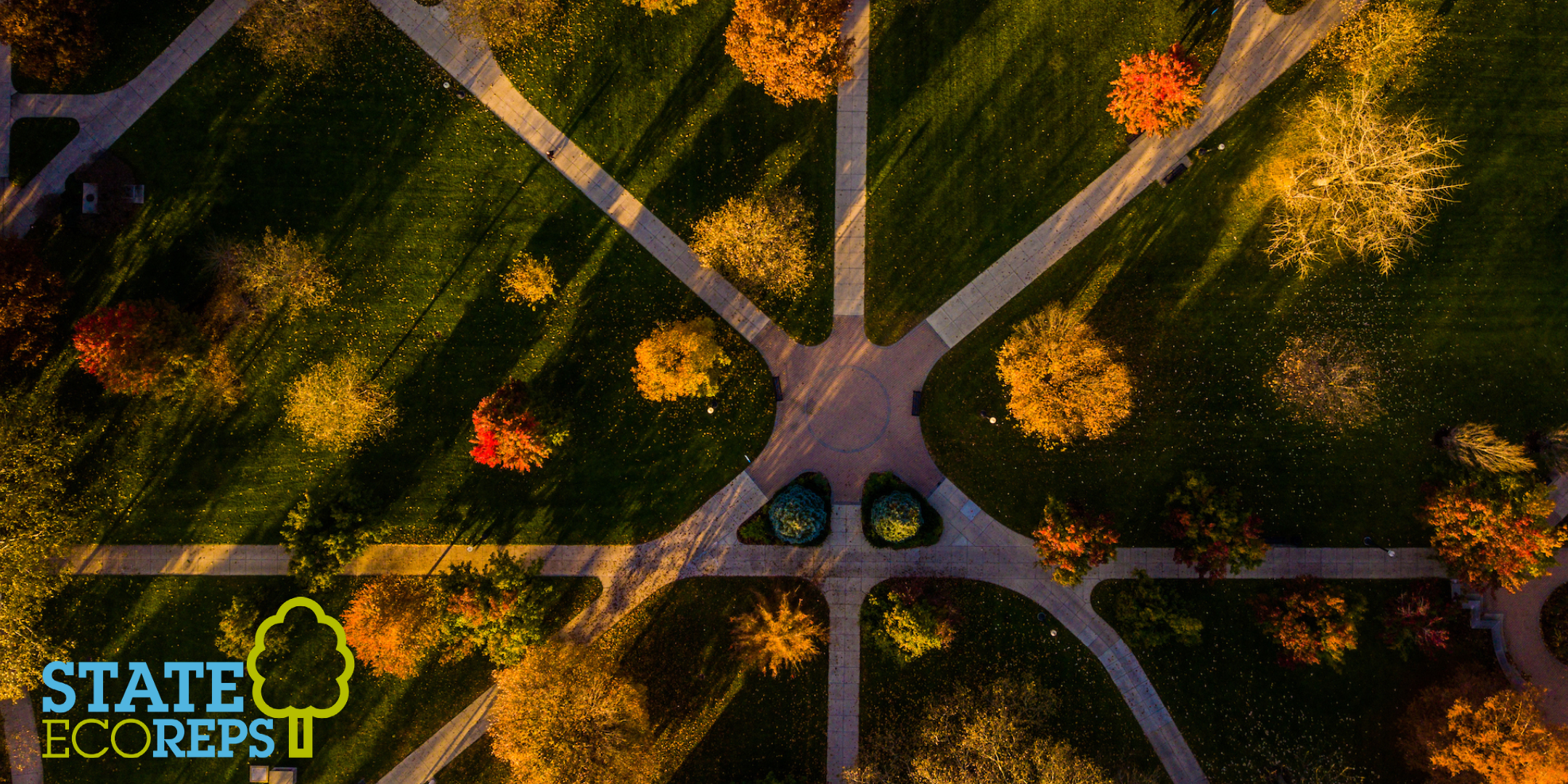 An overview image of the quad during fall with the Eco Reps wordmark in the lower left corner