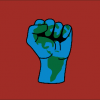 red background, fist outline in the middle with a print filling it that is an Earth imagery